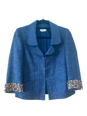 Luca Luca Beaded Cuff Textured Hook Front Jacket Blue Artisan Blazer EUC